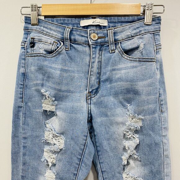 KANCAN 3/25 Low Rise Light Wash Distressed Thrashed Skinny Jeans 90s Y2K Biker - Picture 2 of 16